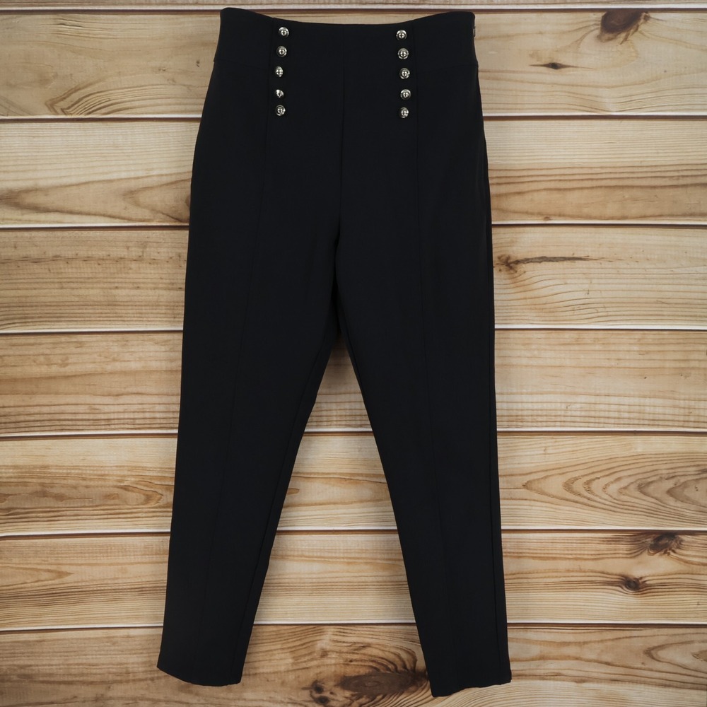 Leith Pants Womens Size L Black Polyester Blend High Rise Tapered Leg Buttons